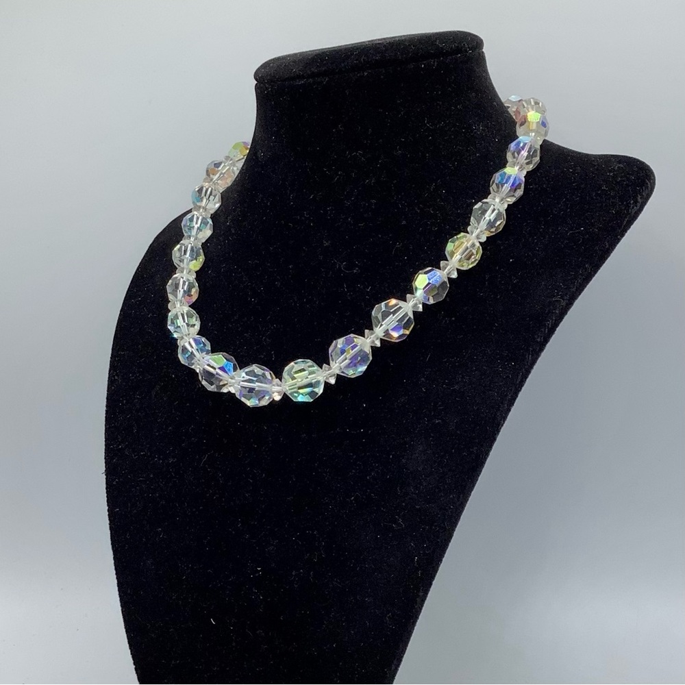 Vintage AB crystal bead choker necklace faceted clear aurora borealis
